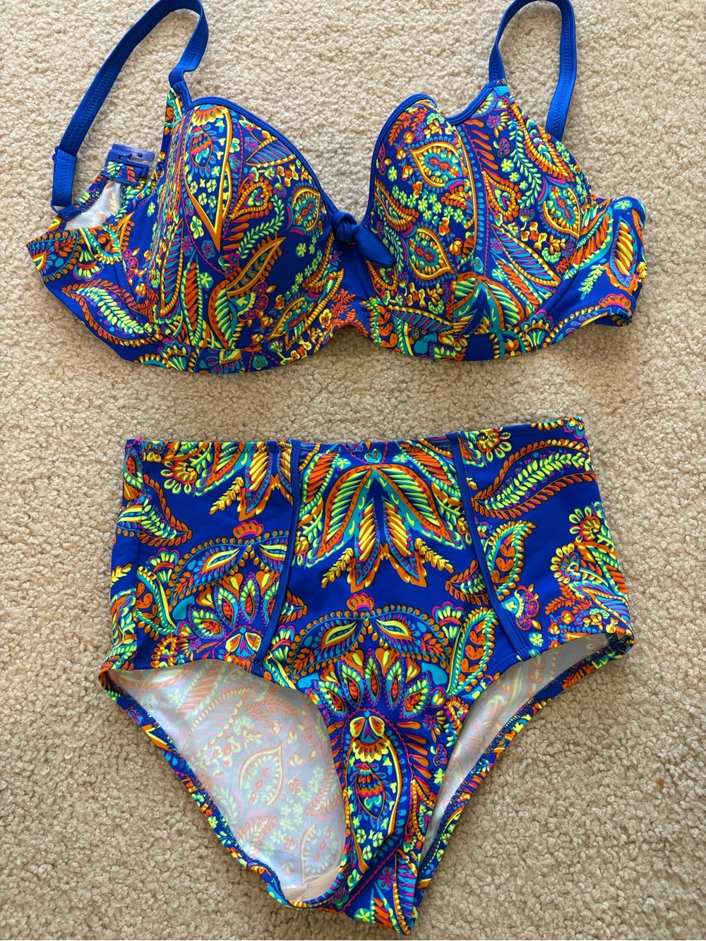 Blue Paisley High-Waist Bikini Set Top 36FF - Picture 6 of 6